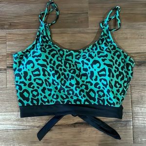 NEW - Corsl Reef knotted button back swim top in teal leopard (Size Small)